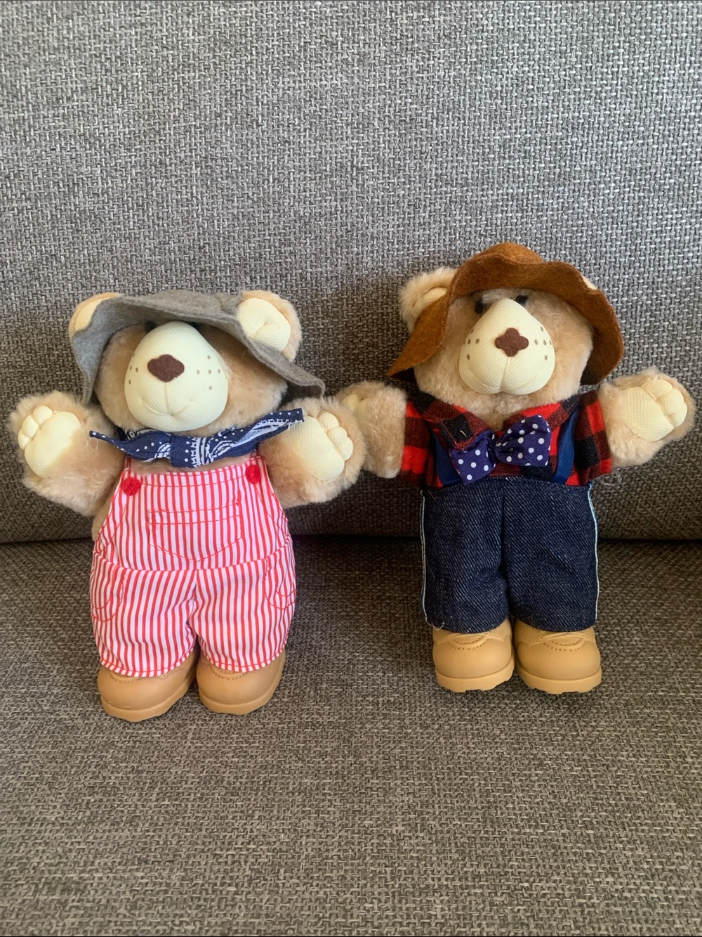 2 Furskins Plush Bear Farmers in Overalls Hat Appalachian Artwork Vintage 1986